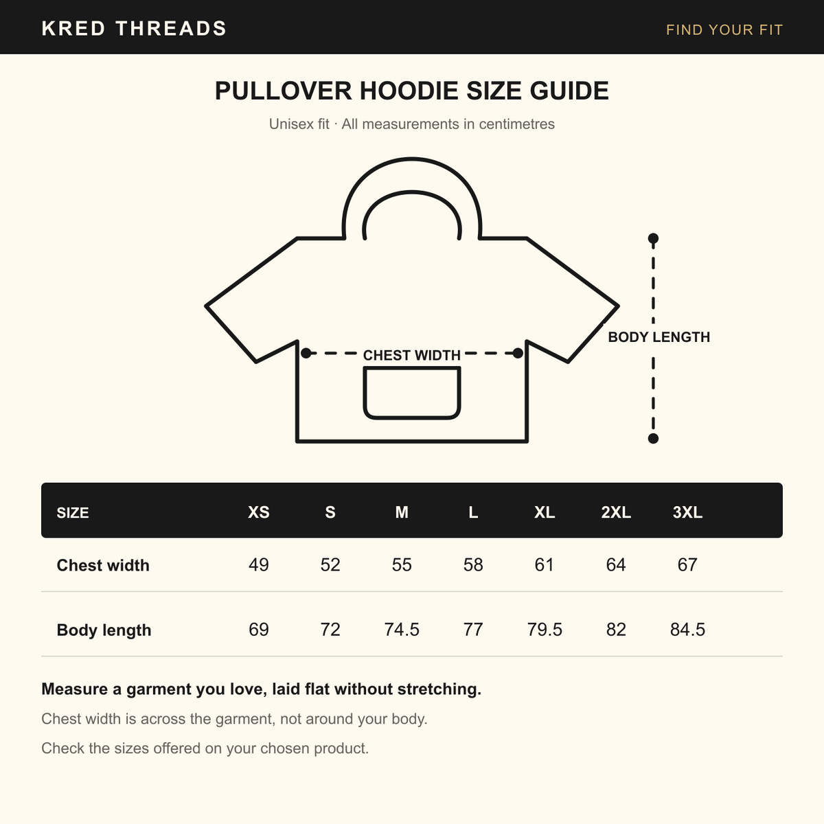 KRED pullover hoodie size guide — centimetres