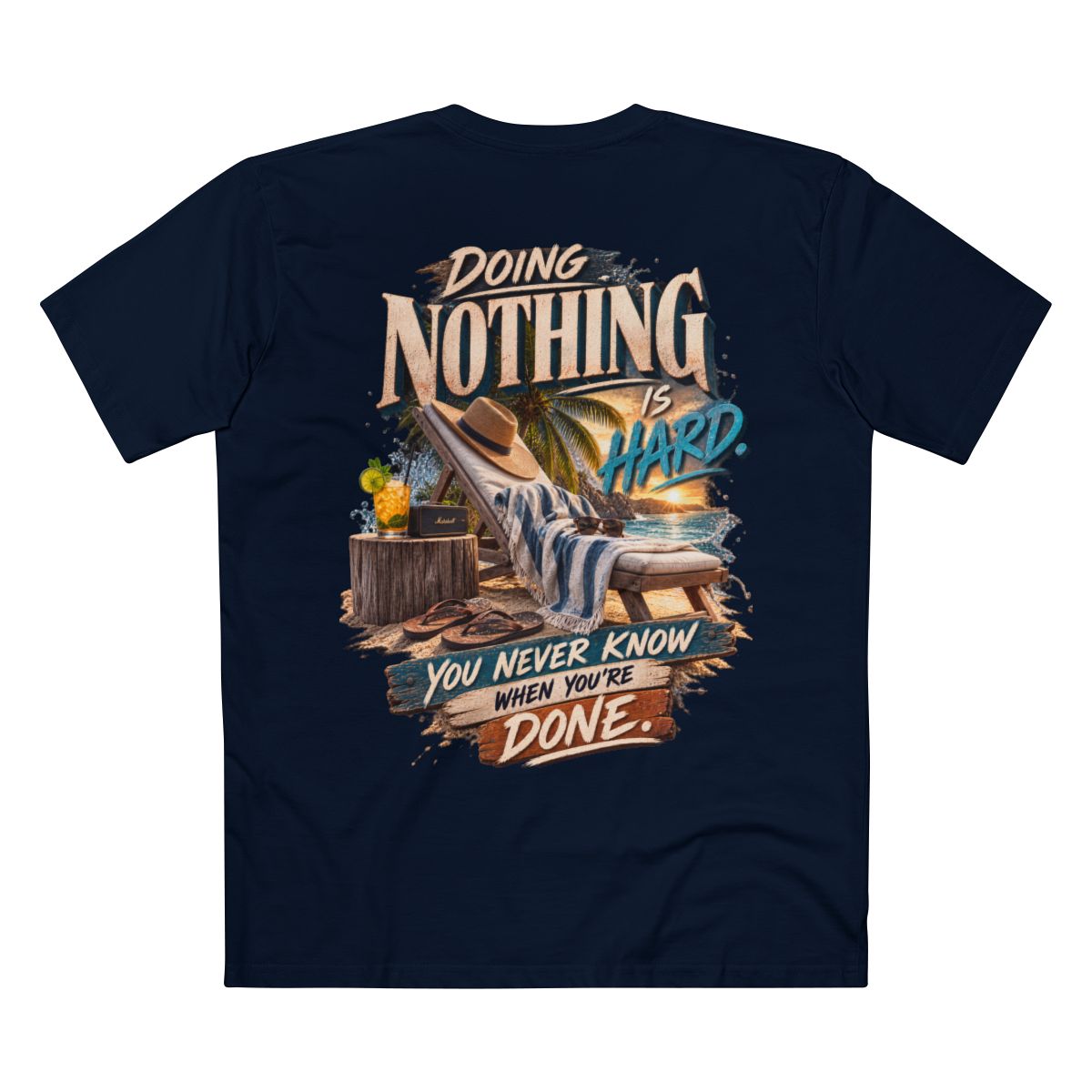 Supplier mockup: Doing Nothing Is Hard, Navy tee, back print