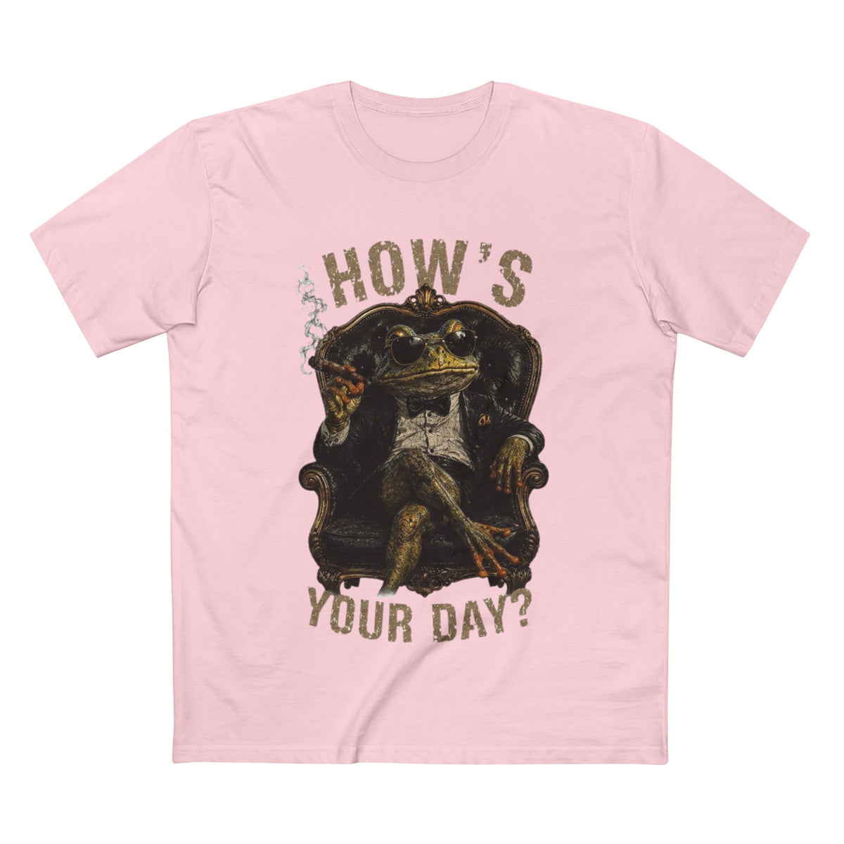 How's Your Day — Women's Premium Graphic Tee supplier flat shirt in Pink, front print