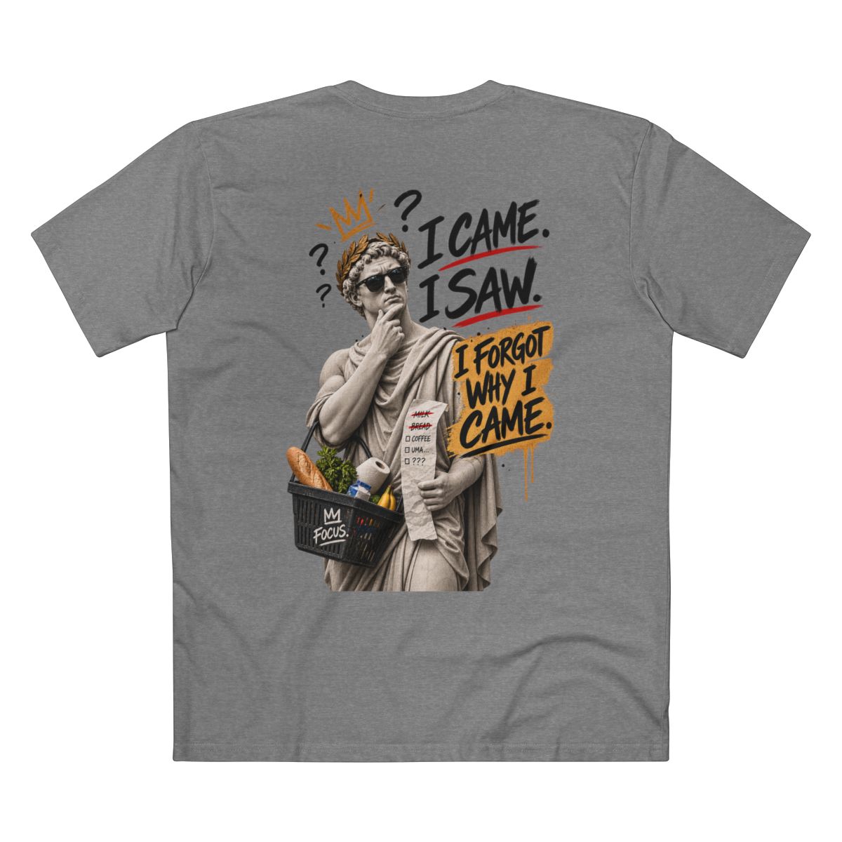 Supplier flat mockup: I Came I Saw I Forgot Why I Came, Athletic Heather tee, back print