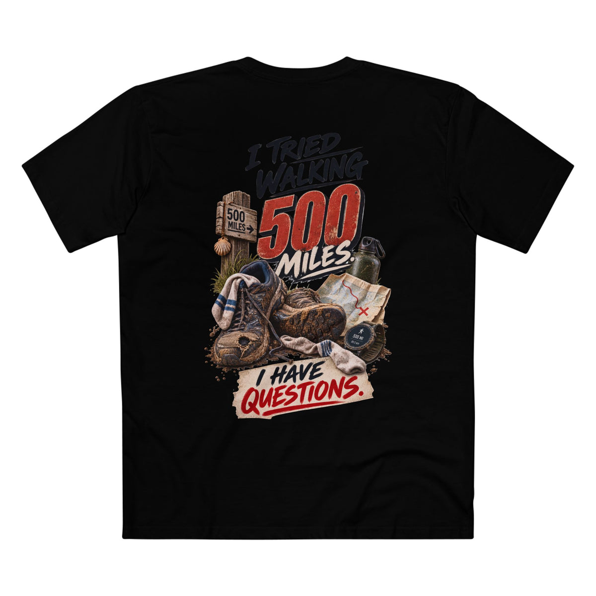 I Tried Walking 500 Miles — Men's Premium Graphic Tee supplier flat shirt in Black, back print