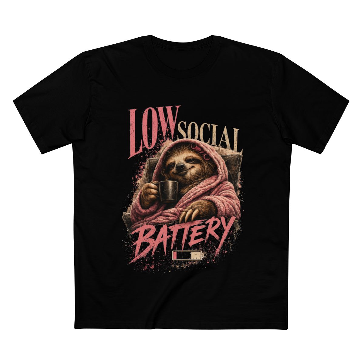 Supplier mockup: Low Social Battery, black tee, front print