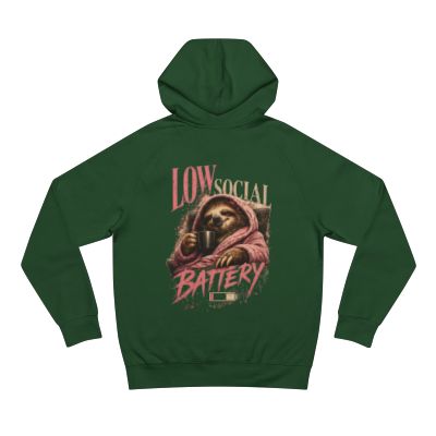 Low Social Battery back print on a forest green hoodie