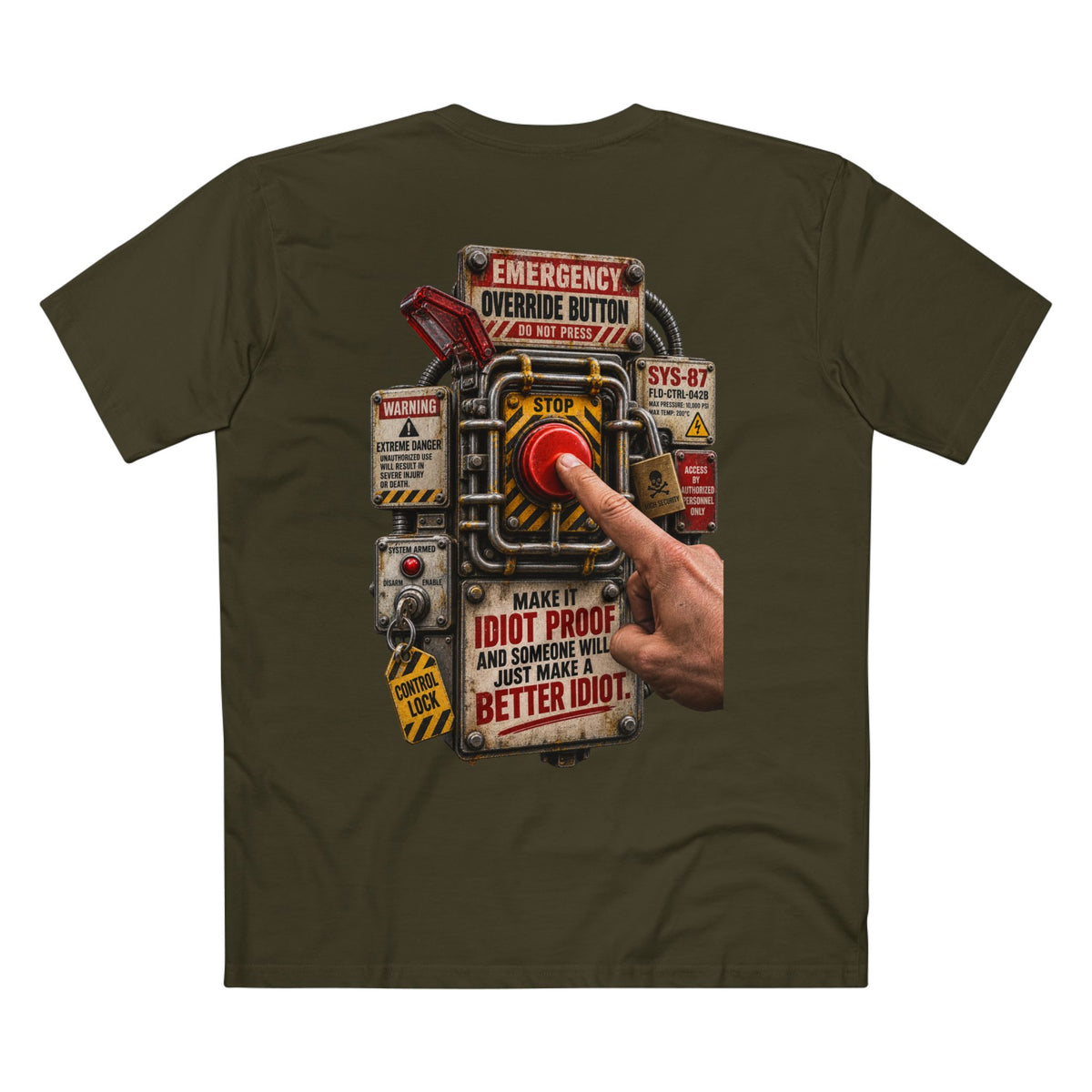 Make It Idiot Proof — Men's Premium Graphic Tee supplier flat shirt in Army, back print