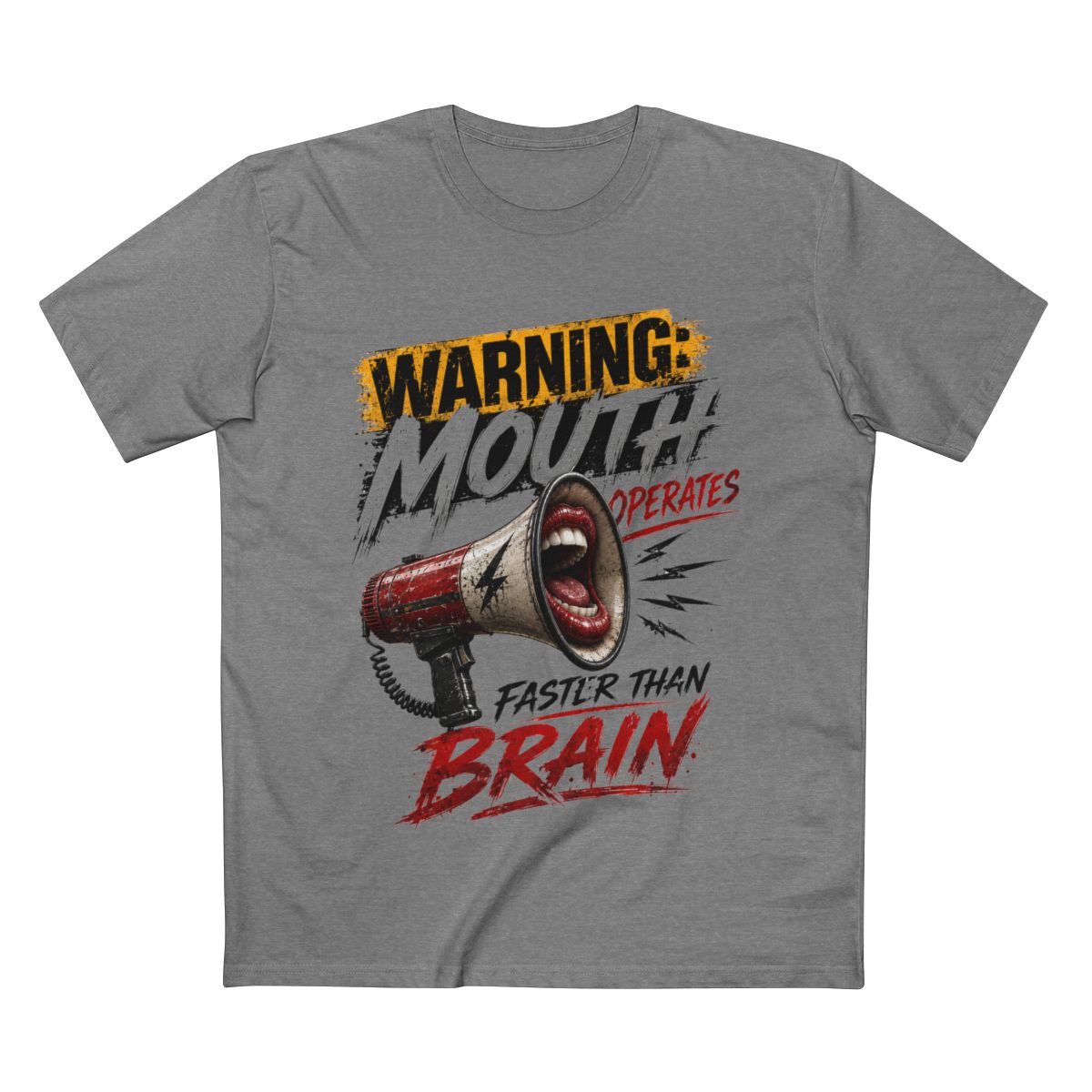 Supplier flat mockup: Mouth Operates Faster Than Brain, Athletic Heather tee, front print
