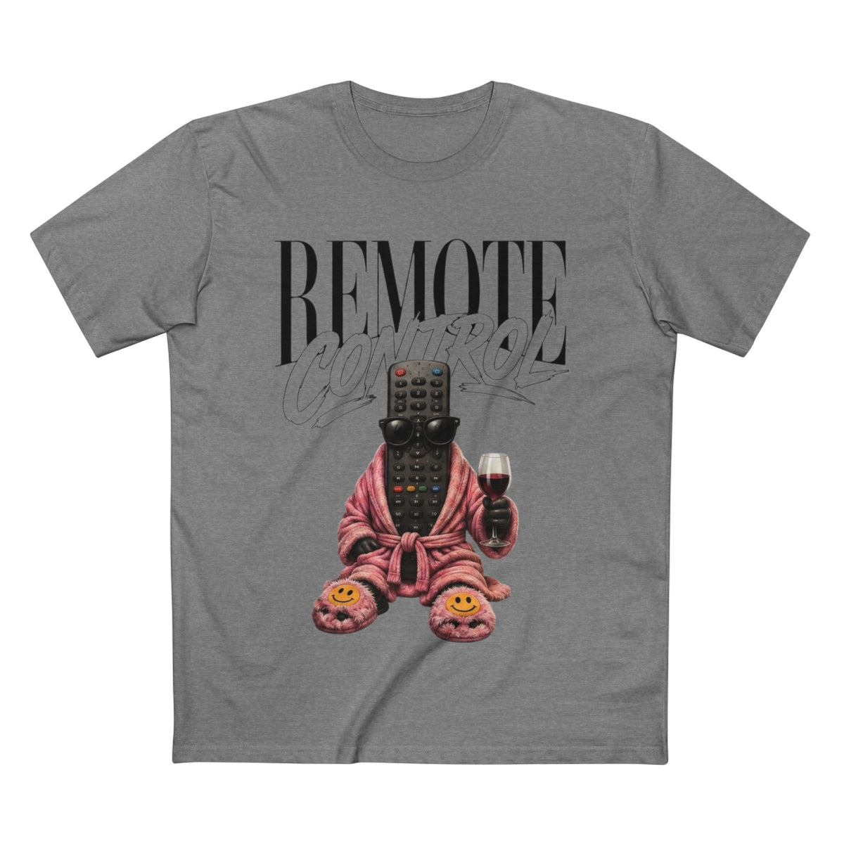 Remote Control front print on a Grey Marble tee