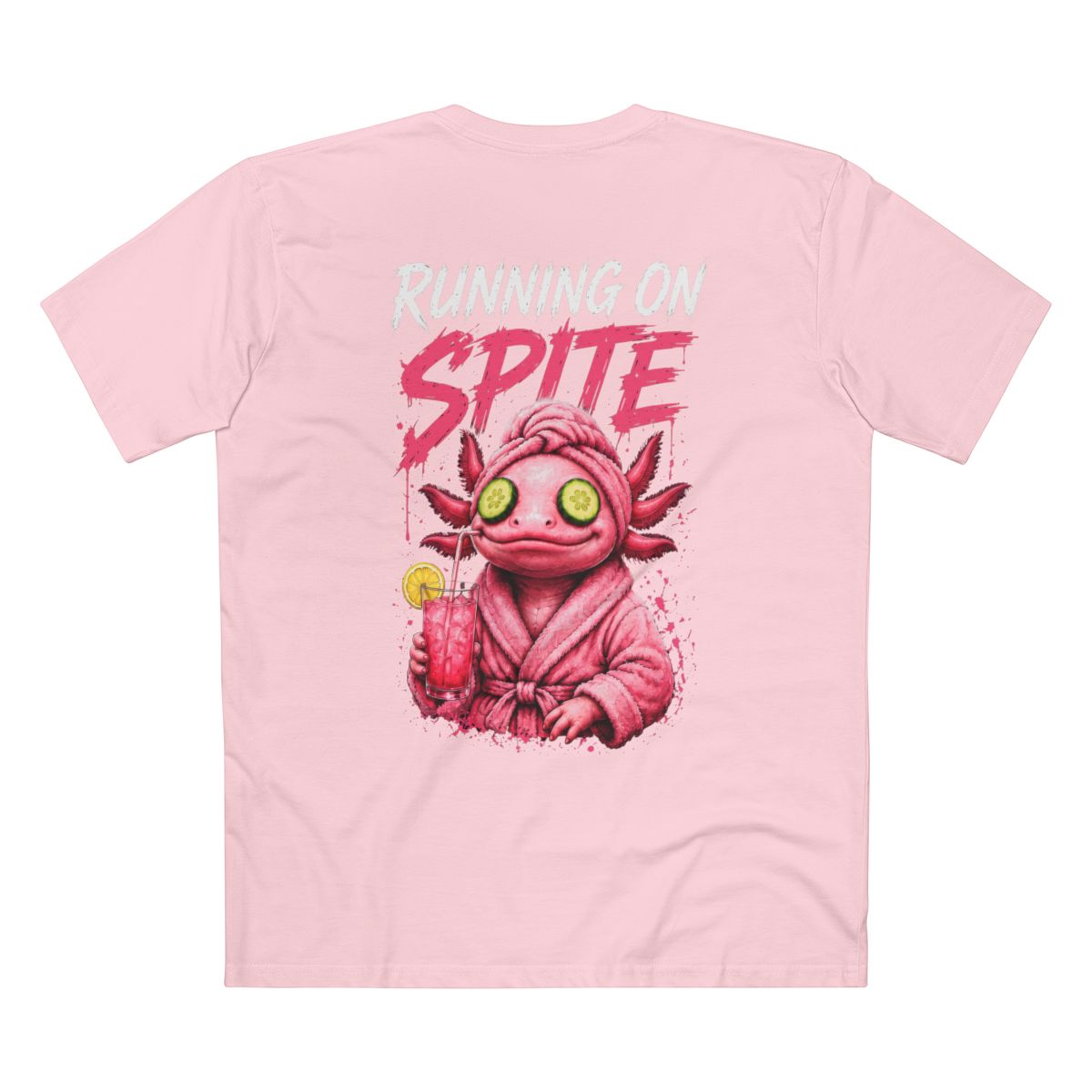 Supplier mockup: Running on Spite, Pink tee, back print
