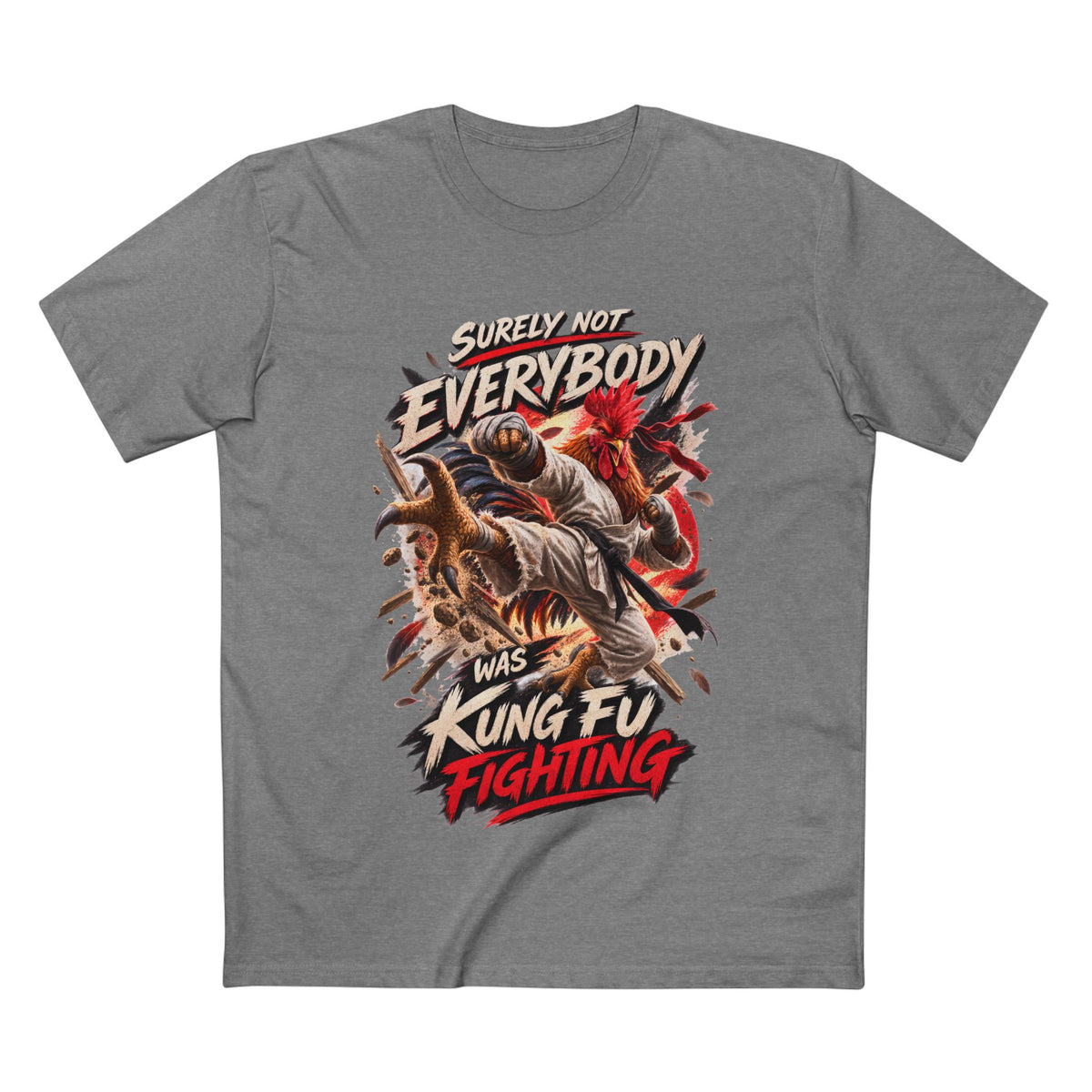 Surely Not Everybody Was Kung Fu Fighting — Men's Premium Graphic Tee supplier flat shirt in Athletic Heather, front print