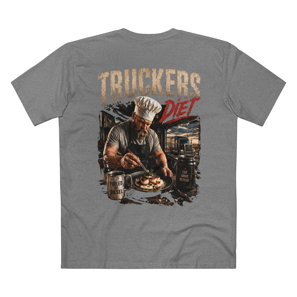 Truckers Diet — Men's Premium Graphic Tee supplier flat shirt in Athletic Heather, back print