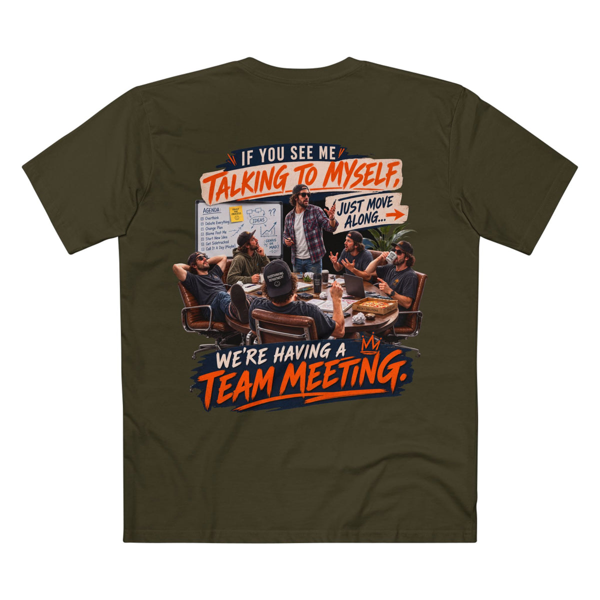 We're Having A Team Meeting — Men's Premium Graphic Tee supplier flat shirt in Army, back print