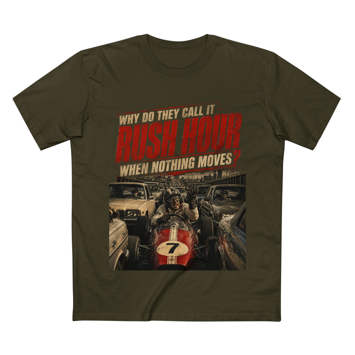 Why Do They Call It Rush Hour — Men's Premium Graphic Tee supplier flat shirt in Army, front print