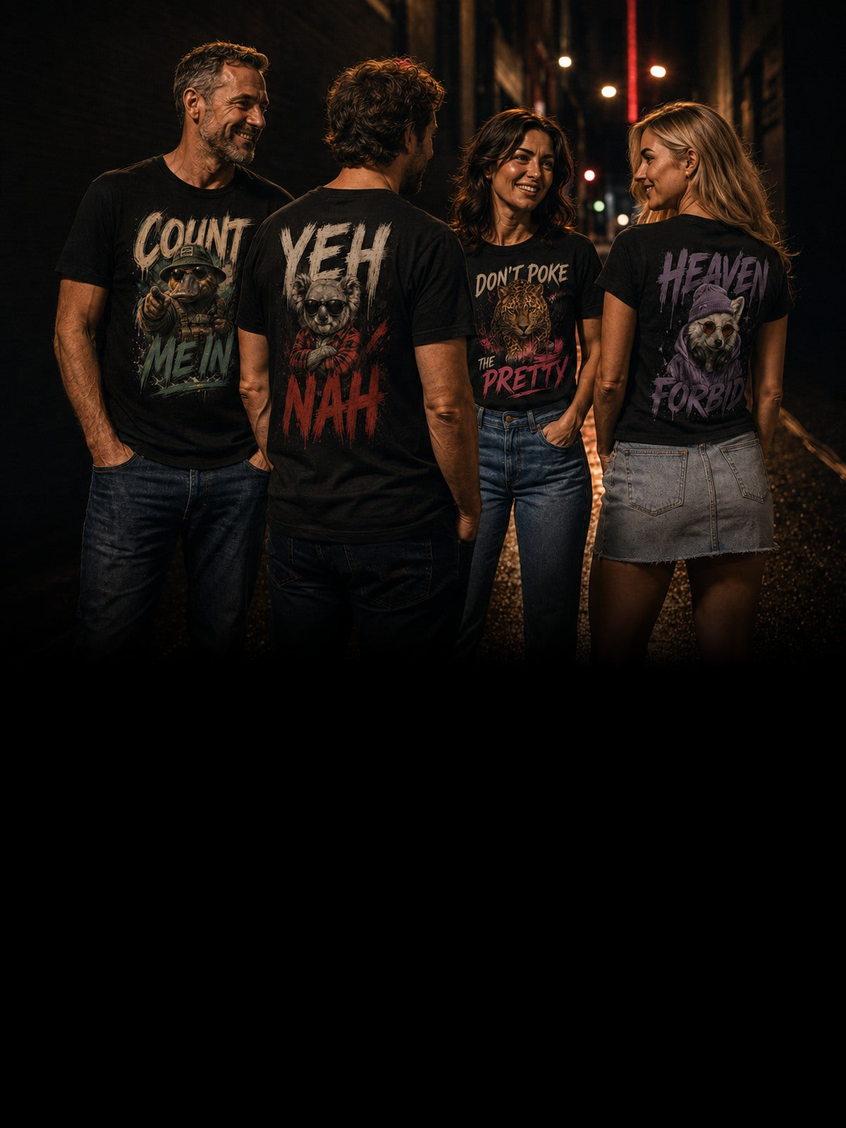Four people wearing KRED Threads graphic tees on a night street in Australia