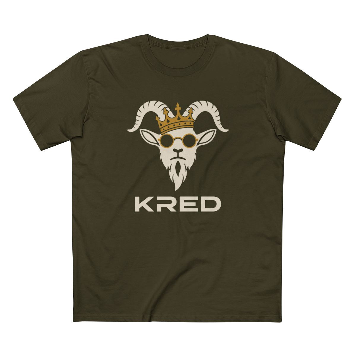 KRED mascot men's Army printed front supplier mockup with large KRED wordmark