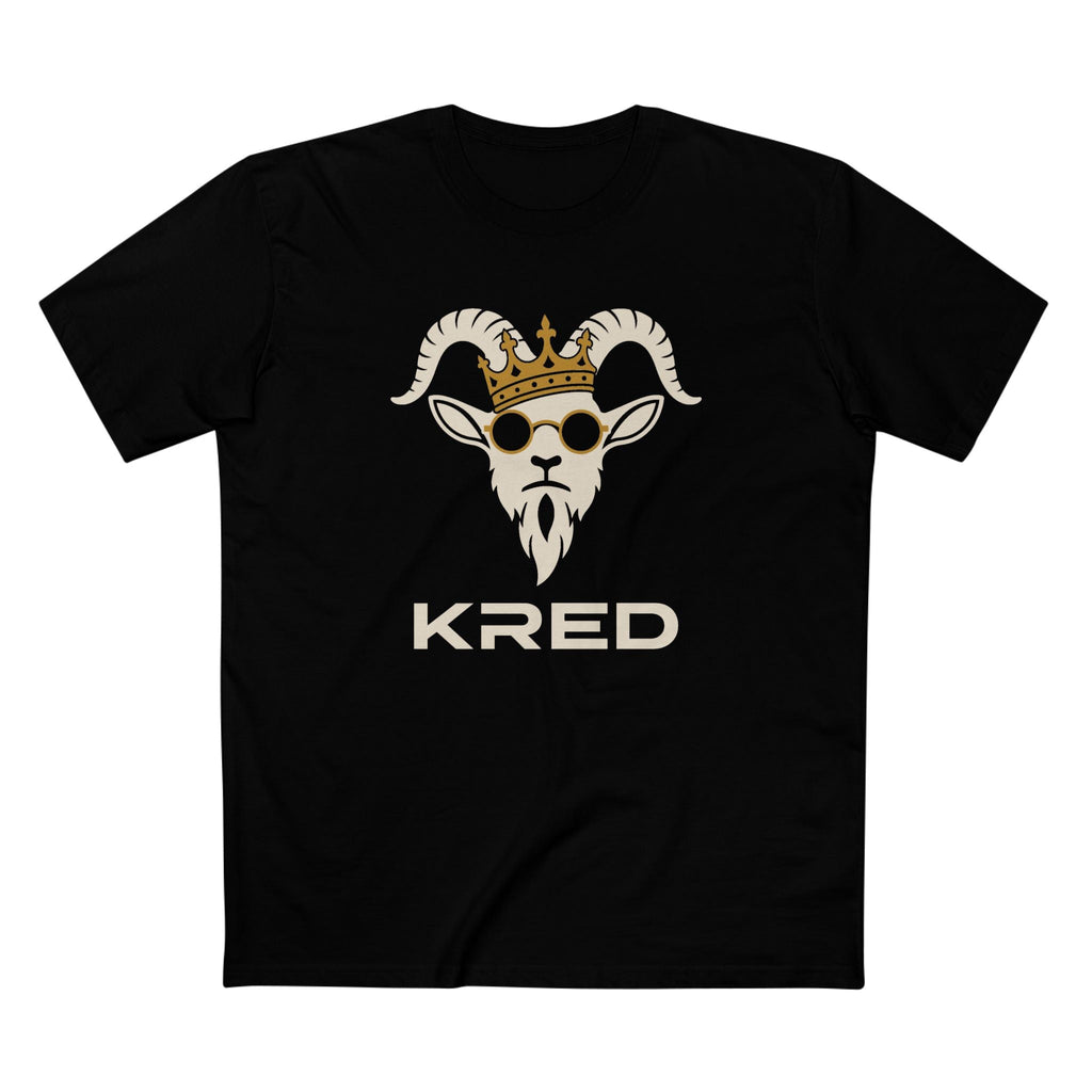 KRED mascot men's Black printed front supplier mockup with large KRED wordmark