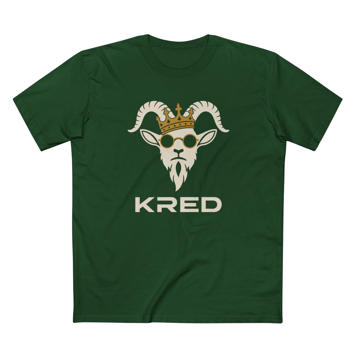 KRED mascot men's Forest Green printed front supplier mockup with large KRED wordmark