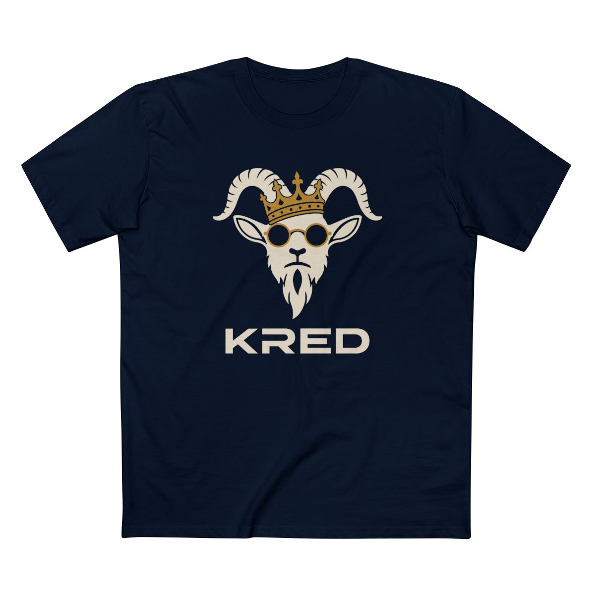 KRED mascot men's Navy printed front supplier mockup with large KRED wordmark