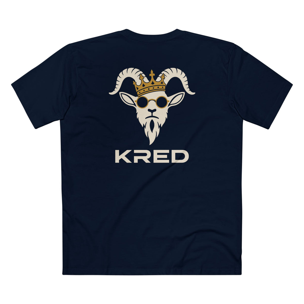 KRED crowned goat mascot with large KRED wordmark mens-navy-back