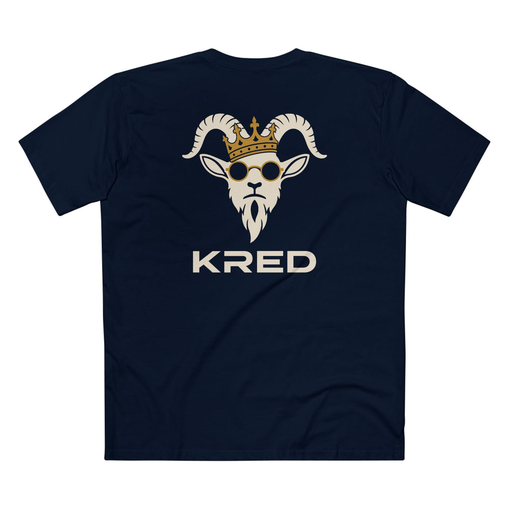 KRED mascot men's Navy printed back supplier mockup with large KRED wordmark