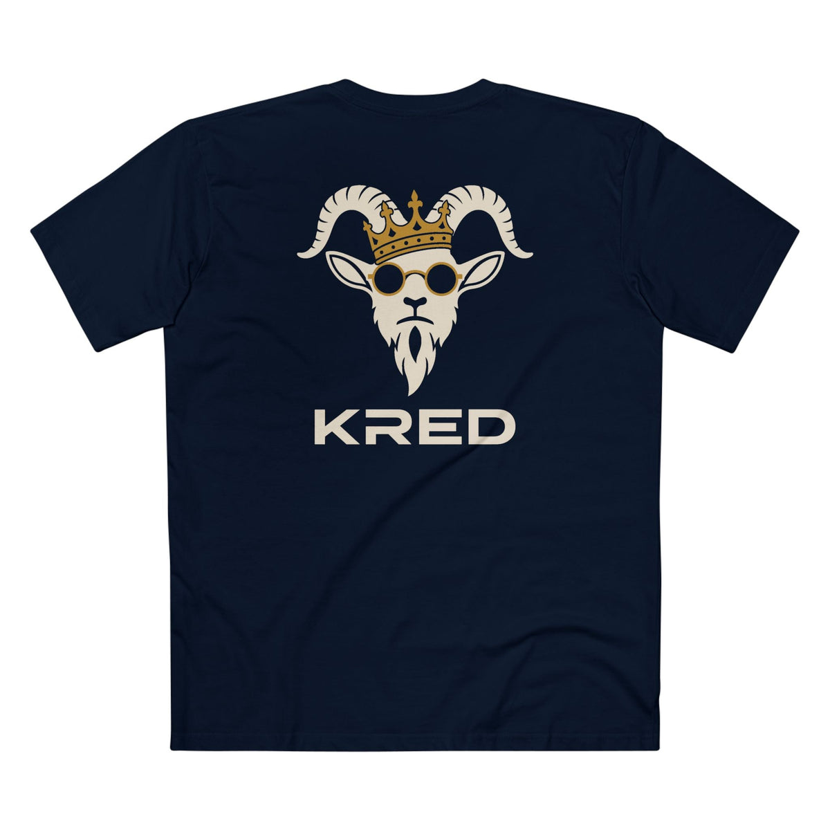 KRED mascot men's Navy printed back supplier mockup with large KRED wordmark