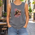 Low Social Battery — Ash Stone stonewash tank on model — front graphic; back plain.
