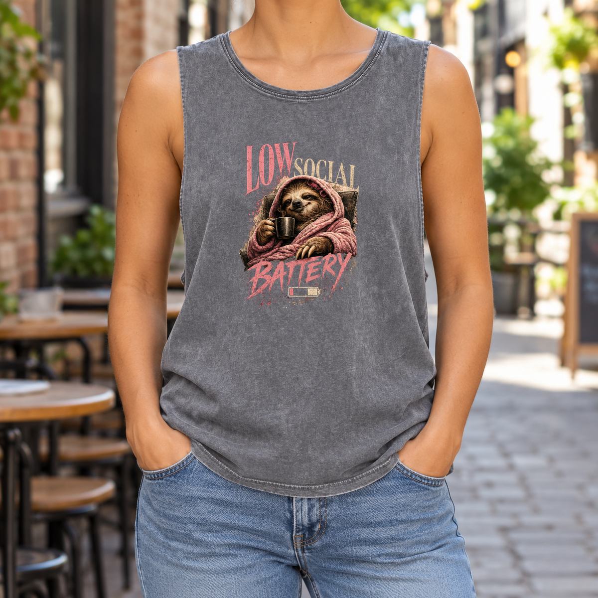 Low Social Battery — Ash Stone stonewash tank on model — front graphic; back plain.