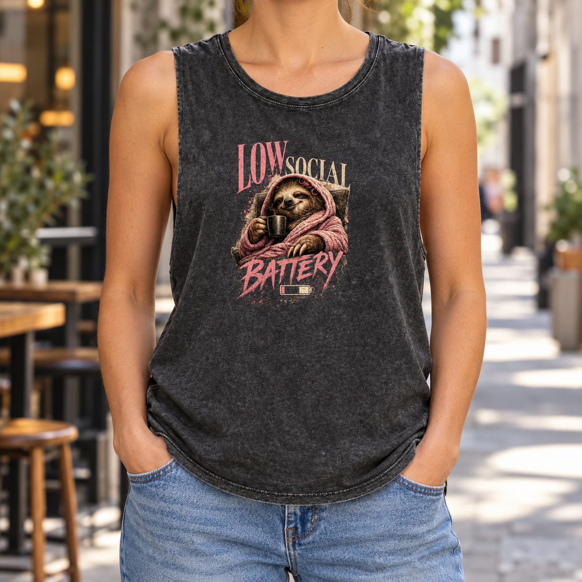 Low Social Battery — Black Stone stonewash tank on model — front graphic; back plain.