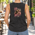 Low Social Battery — Black Stone stonewash tank on model — back graphic; front plain.