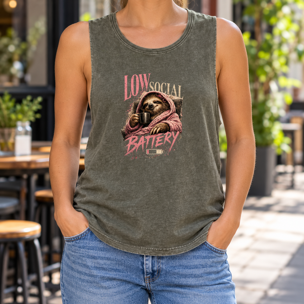 Low Social Battery — Moss Stone stonewash tank on model — front graphic; back plain.