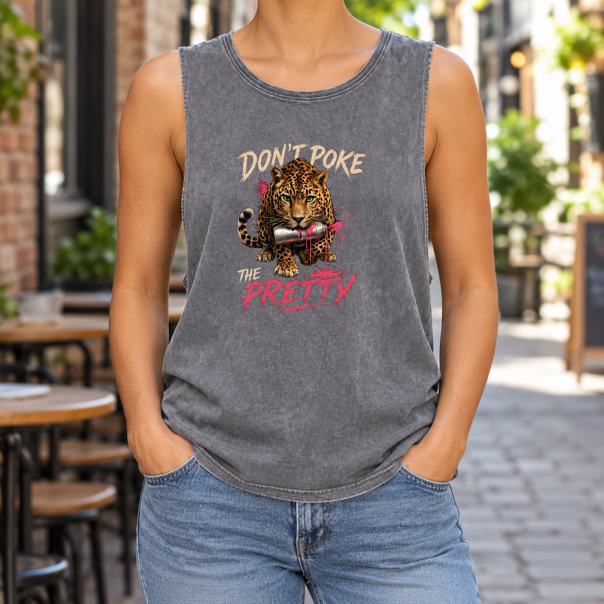 Don’t Poke the Pretty — Ash Stone stonewash tank on model — front graphic; back plain.