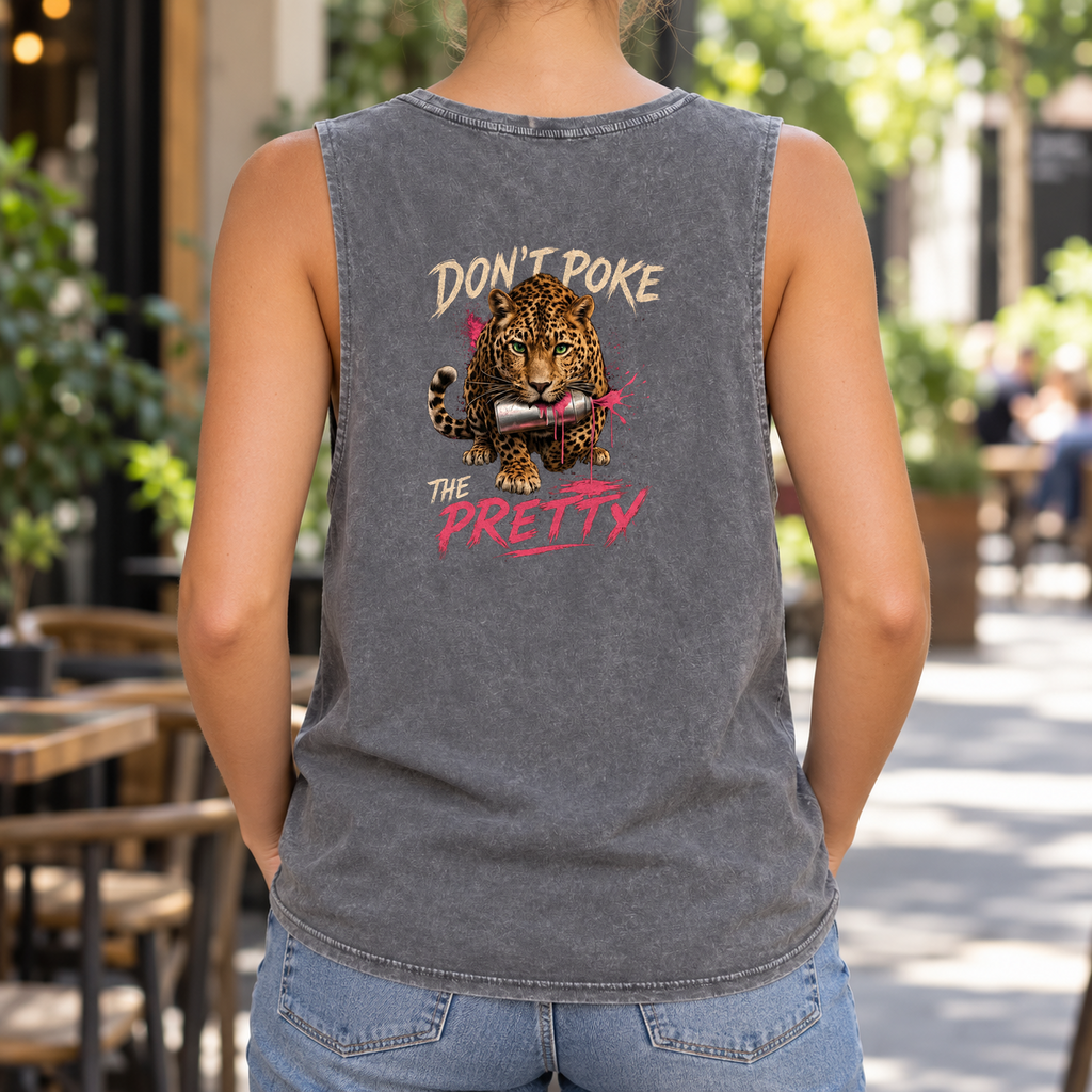 Don’t Poke the Pretty — Ash Stone stonewash tank on model — back graphic; front plain.
