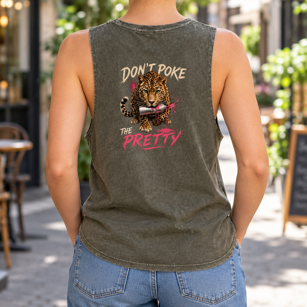 Don’t Poke the Pretty — Moss Stone stonewash tank on model — back graphic; front plain.