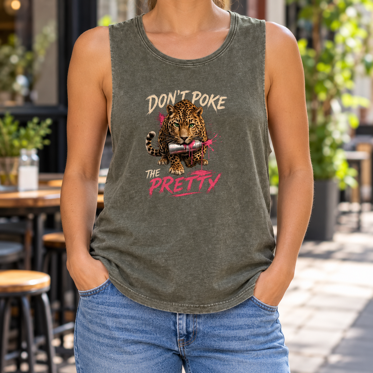 Don’t Poke the Pretty — Moss Stone stonewash tank on model — front graphic; back plain.