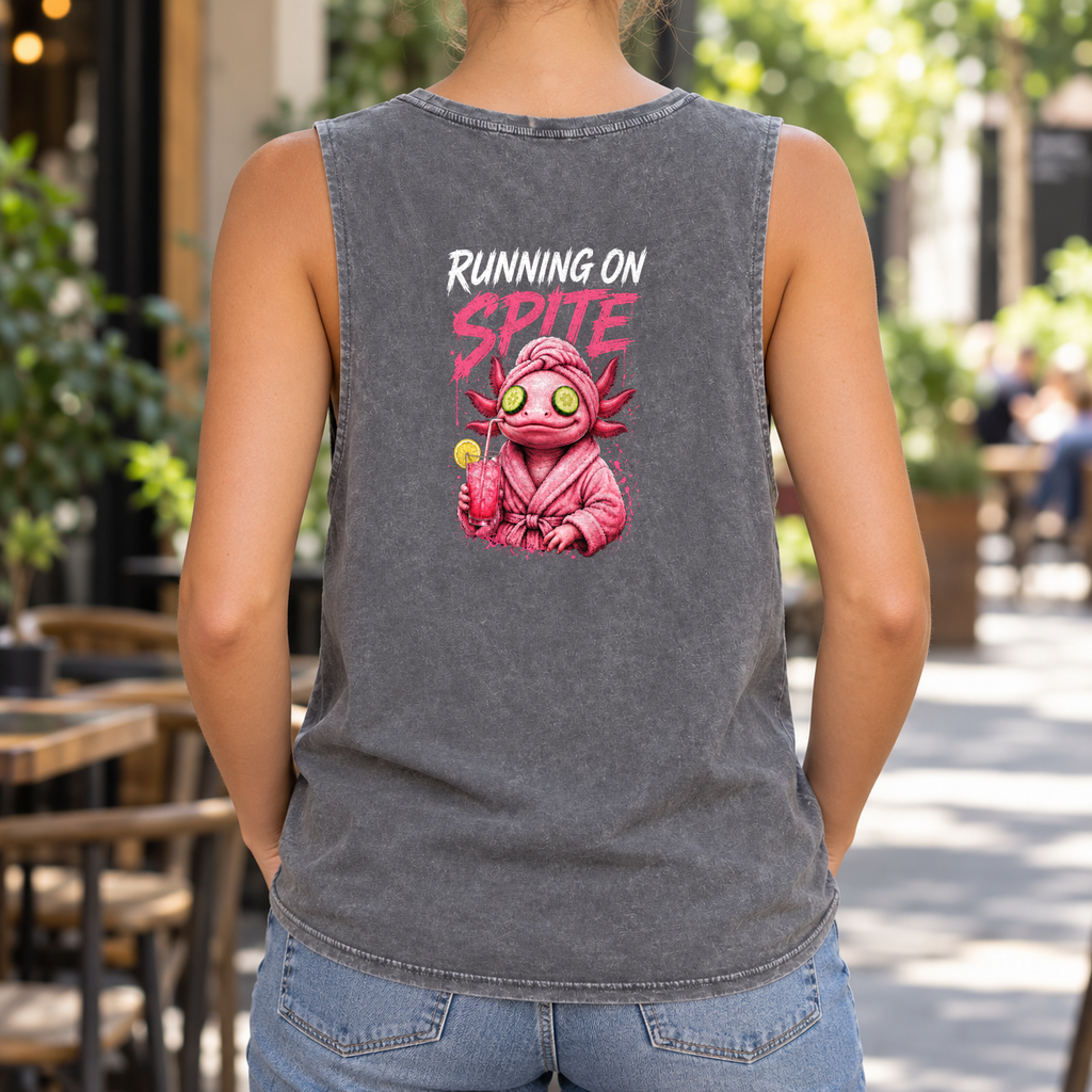 Running on Spite — Ash Stone stonewash tank on model — back graphic; front plain.