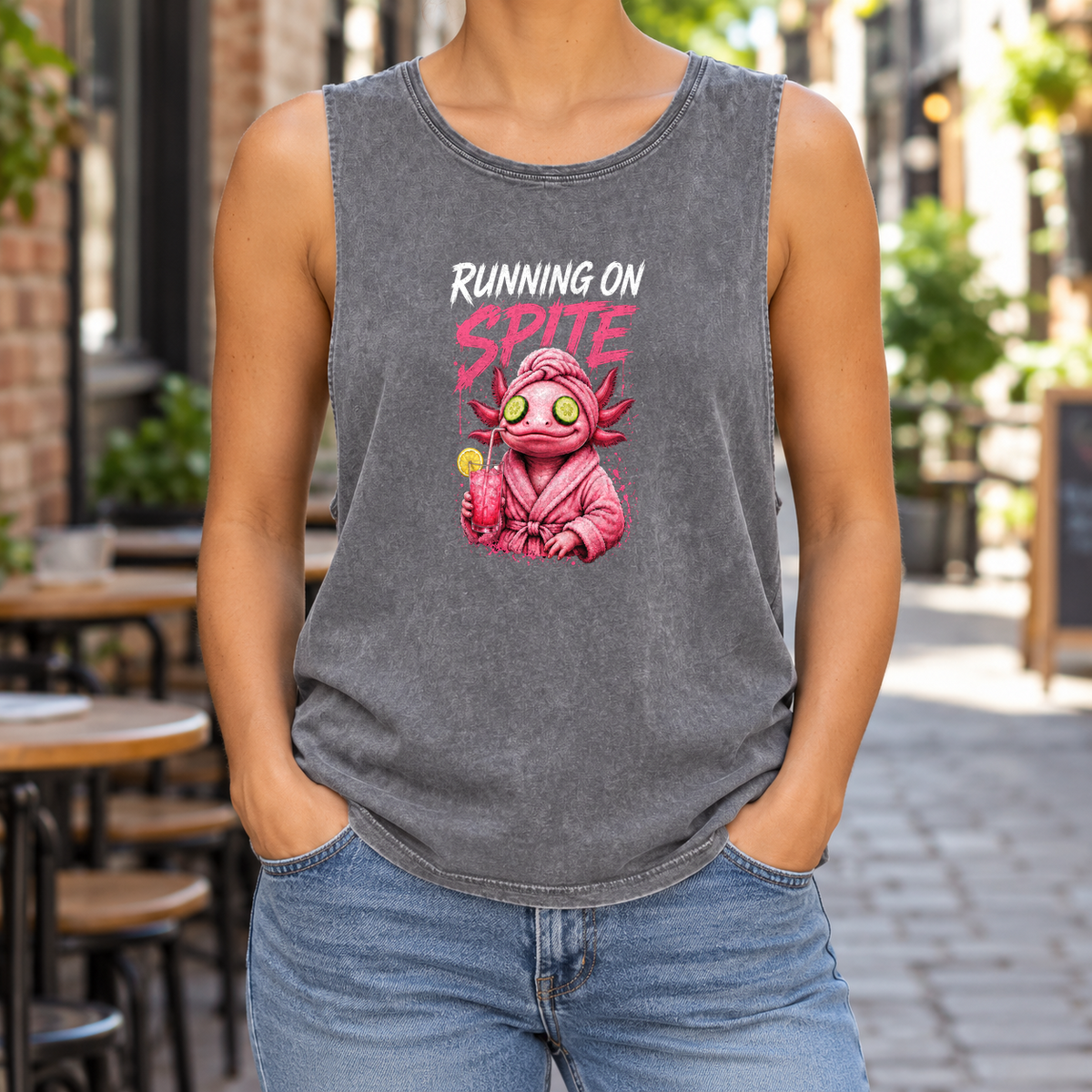 Running on Spite — Ash Stone stonewash tank on model — front graphic; back plain.