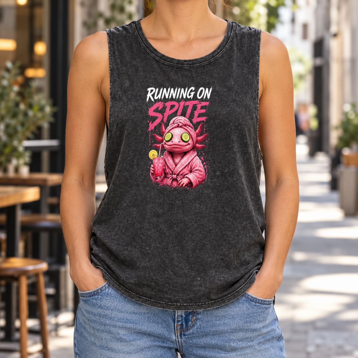 Running on Spite — Black Stone stonewash tank on model — front graphic; back plain.