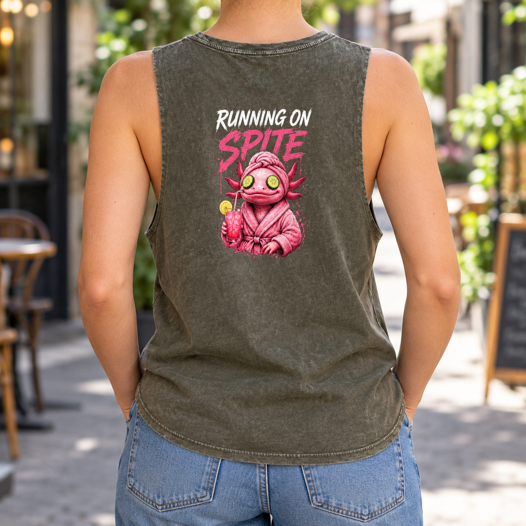 Running on Spite — Moss Stone stonewash tank on model — back graphic; front plain.