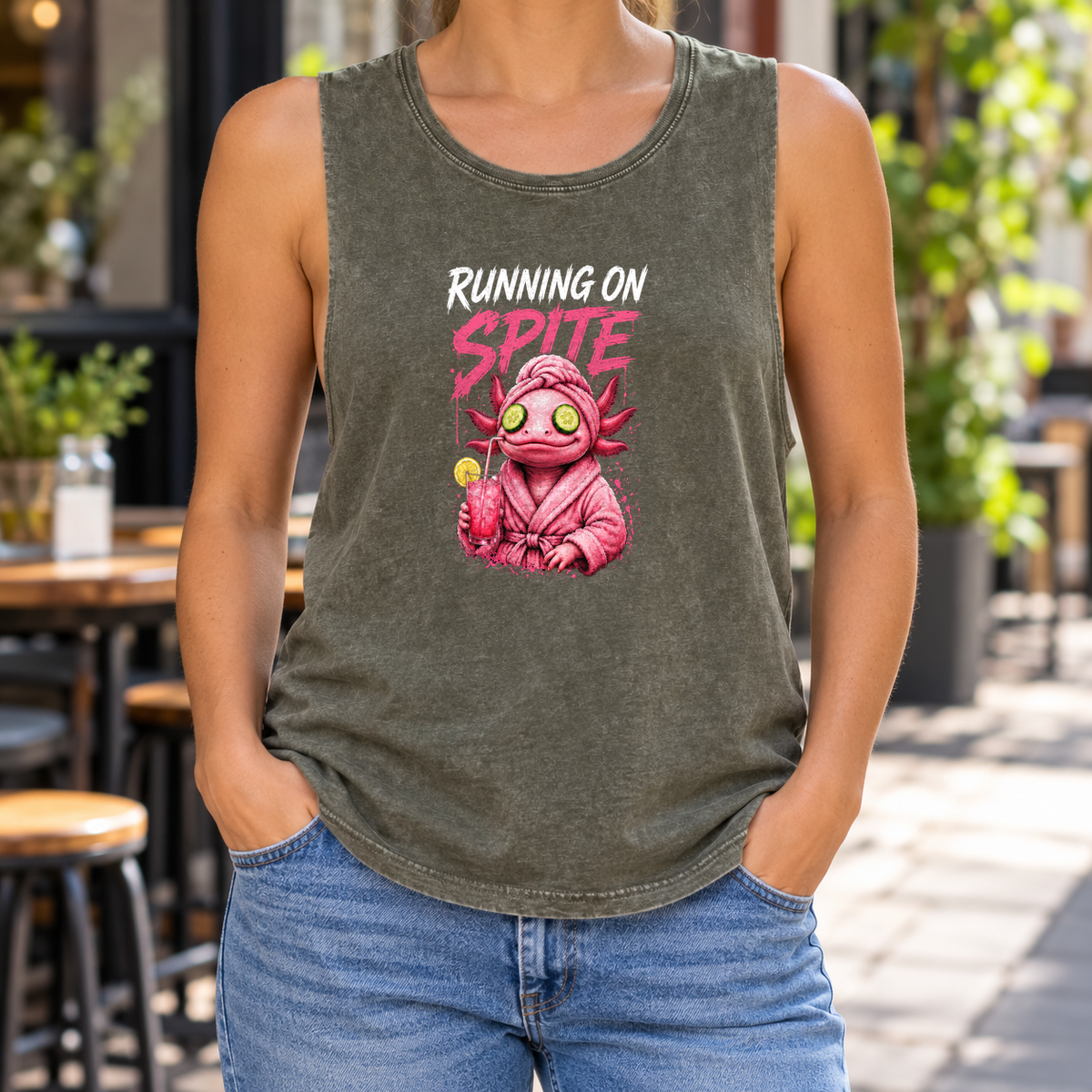 Running on Spite — Moss Stone stonewash tank on model — front graphic; back plain.